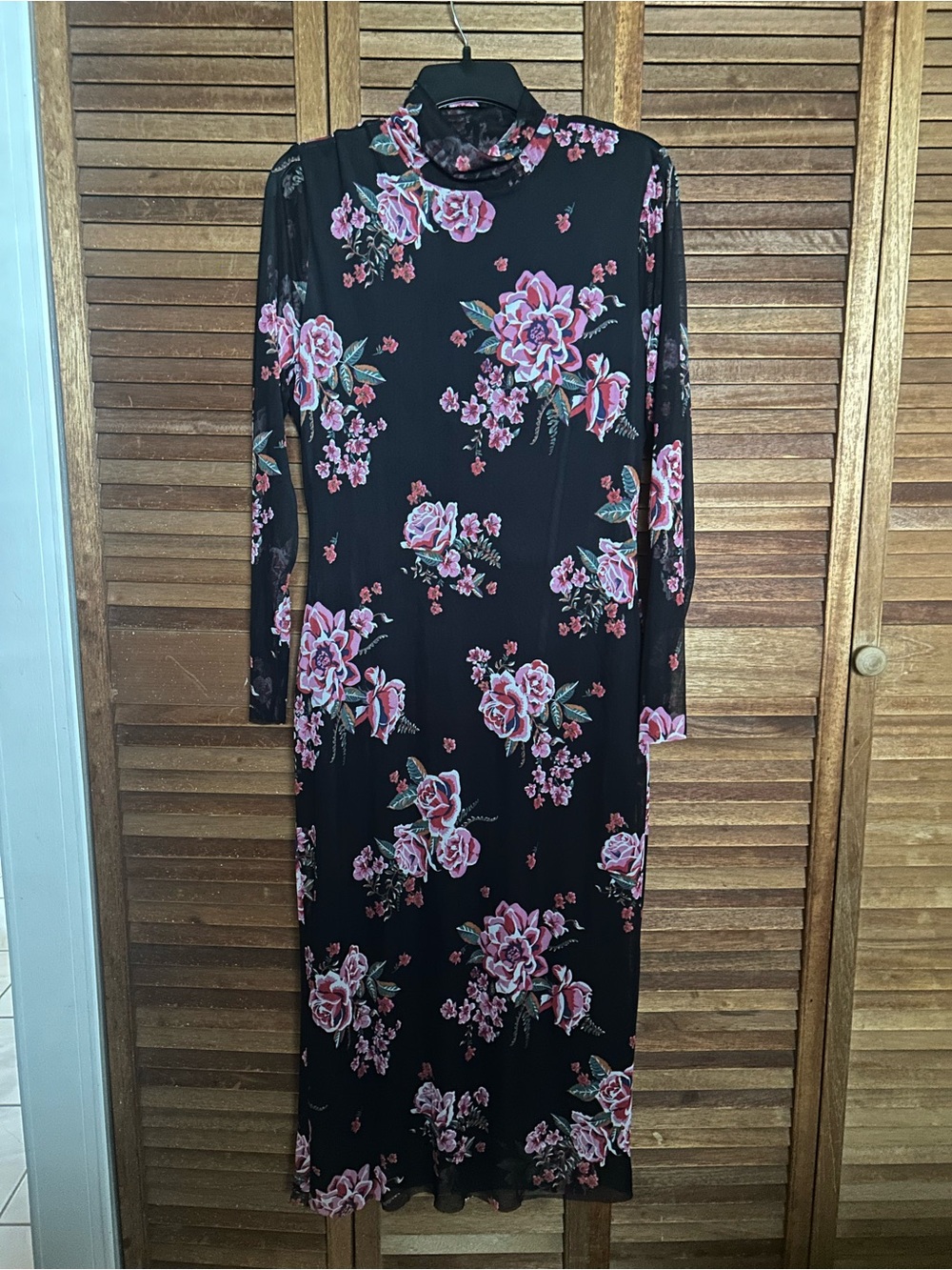 Black Floral Long Sleeve Midi Dress - Pink Rose Print Sz Large